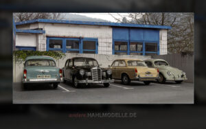 Opel Olympia P1, Mercedes-Benz 180 (W 120), Volkswagen 1600 (Typ 3) und Volkswagen Käfer (Typ 11)