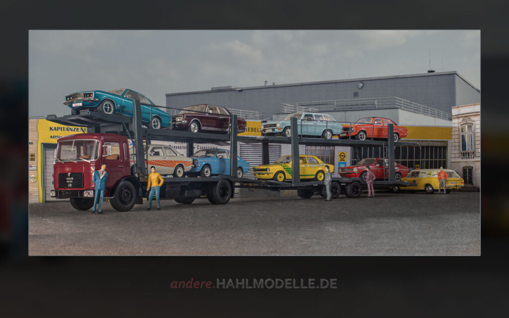 MAN F7 Autotransporter beladen mit diversen Opel Kadett C, Opel Ascona A Voyage, Opel Manta A, Opel Commodore A sowie Opel Rekord C Schnell-Lieferwagen