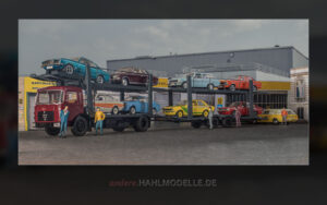 MAN F7 Autotransporter beladen mit diversen Opel Kadett C, Opel Ascona A Voyage, Opel Manta A, Opel Commodore A sowie Opel Rekord C Schnell-Lieferwagen