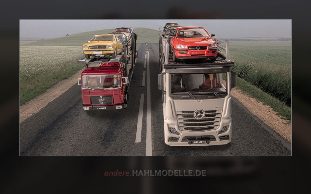 MAN F7 Autotransporter mit Opel Rekord D und Opel Commodore B und Mercedes-Benz Actros Autotransporter mit Opel Omega B