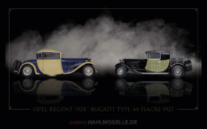 hahlmodelle.de | Automobildesign 1920-1929: Opel Regent, Coupé (Karosserie Kruck) und Bugatti Type 44 Fiacre, Coupé (Gangloff)